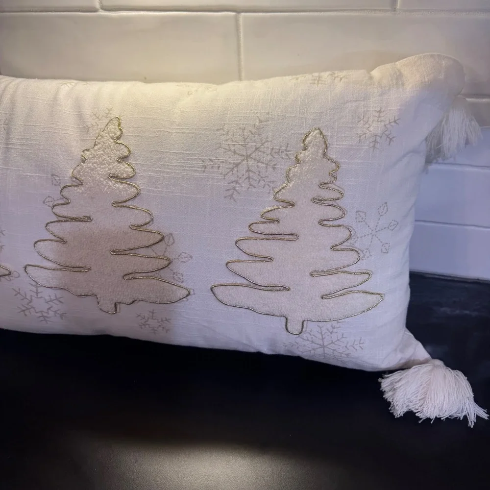 Celerie Kemble Christmas Tree Lumbar Pillow Home 13x22 Ivory Gold Tassels Decor